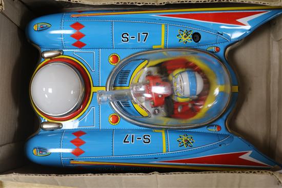 A Japanese tinplate model, Space Scout S-17, a Hornby Midlander train set and Hornby track (all boxed)